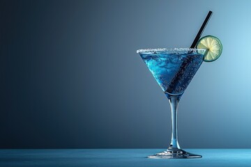 Blue cocktail martini glass with lime