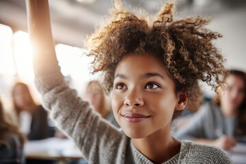 Engaged young student with raised hand participating in classroom discussion, enthusiastic learning environment, diverse education setting