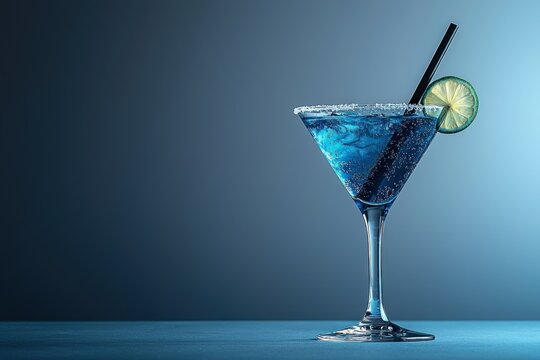 Blue cocktail martini glass with lime