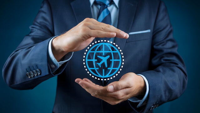 Secure global travel solutions presented by professional business executive with confidence and expertise - Powered by Adobe