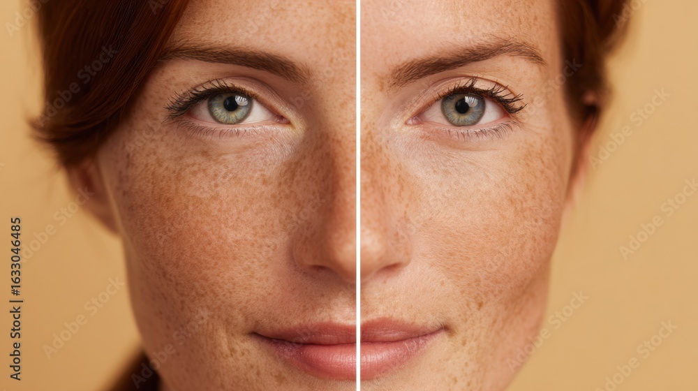 Poster comparative view of natural skin before and after care showing improvement in texture and tone with 