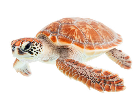 Close up of a green sea turtle with intricate shell patterns isolated on transparent background