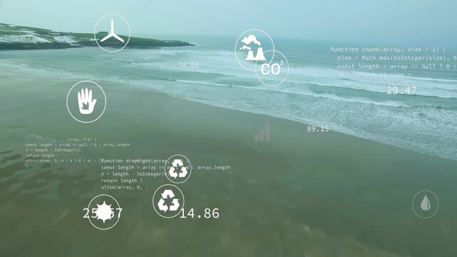 Drone panning coastal scene initiating icons fading and updating values for real-time data display