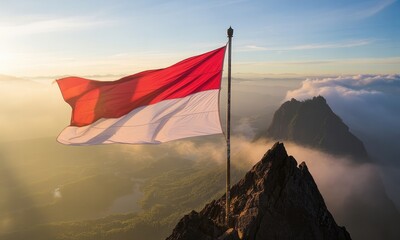 National flag waving over mountain peak