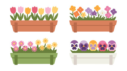 Assorted Flower Boxes Colorful Tulips, Pansies, and Daisies in Decorative Window Boxes for Spring