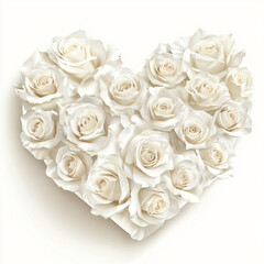 Obraz premium A close-up image shows a beautiful heart shape made of many different sized white roses, creating a texture against a light, neutral background.