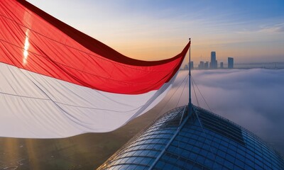 National flag waving over cityscape