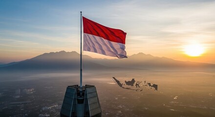National flag waving over cityscape