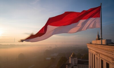 National flag waving over cityscape