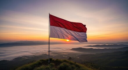 National flag waving over landscape sunrise