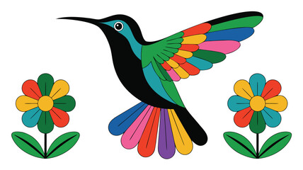 Obraz premium Colorful Cartoon Hummingbird Flying Between Two Flowers, Isolated on a White Background