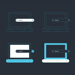 Search bar collection with dark blue color. Website ui design, search Internet box, browser engine text field, navigation bar with push button. Interface web element templates set.