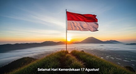 Sunrise landscape with national flag