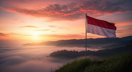 Sunrise over hills with flag