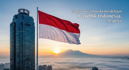 Sunrise over indonesian flag and skyscraper