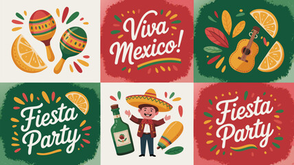 Naklejka premium Colorful Viva Mexico Fiesta Party Collage with Maracas, Guitar, Sombrero, and Celebration Elements