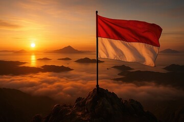 Sunrise over misty mountains flag
