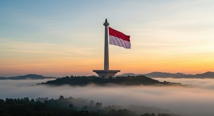 Sunrise over monument with flag
