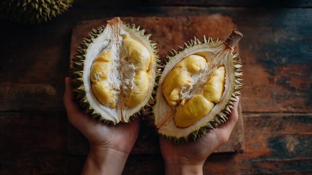 Exotic Durian Halves on Rustic Board: A top-down perspective of hands gently holding two freshly cut halves of durian fruit, showcasing its rich.