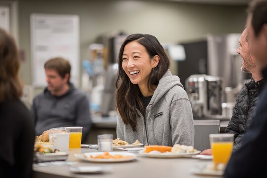 Smiling young woman enjoying casual team lunch with colleagues at break room table, sharing a joyful moment in a relaxed office environment - Powered by Adobe