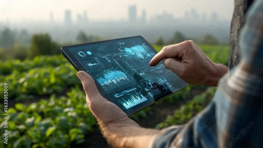 Poster smart farming: a modern farmer intently studies data visualizations on a tablet, optimizing crop yie