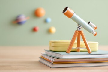 Exploring the Universe: A Colorful Telescope Positioned on Stacked Notebooks Against a Pale Background with Planetary Models