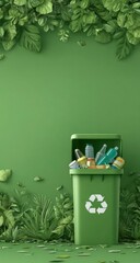 Green recycling bin surrounded by lush greenery