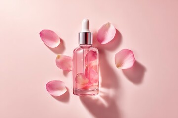 Captivating Rose Petal Infused Serum in a Clear Glass Dropper Bottle Surrounded by Delicate Pink Petals on a Soft Pink Background