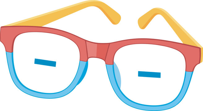 Colorful cartoon eyeglasses with two-tone red and blue frames and yellow temples.