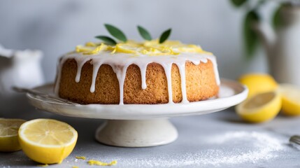 Lemon Drizzle Cake with Icing and Fresh Slices Adorned with Green Leaves on a White Plate Surrounded by Lemon Halves