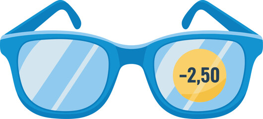 Stylish blue eyeglasses with a -250 diopter lens illustrating a prescription for myopia or nearsightedness.