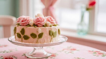 A Beautifully Decorated Cake With Pink Floral Icing Set on a Charming Table Surrounded by Natural Light and Vintage Decor