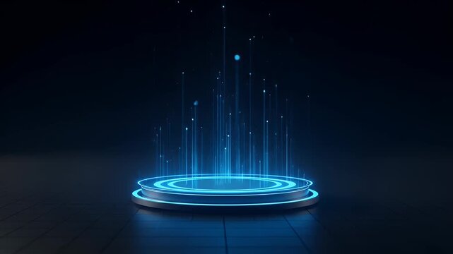 Futuristic Blue Technology Podium with Glowing Rings and Rising Digital Data Particles.