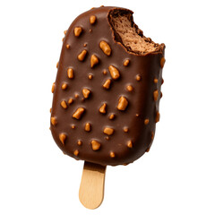 Chocolate ice cream bar coated in crunchy chocolate and nuts with a bite taken out, isolated on white background showing texture and layers.