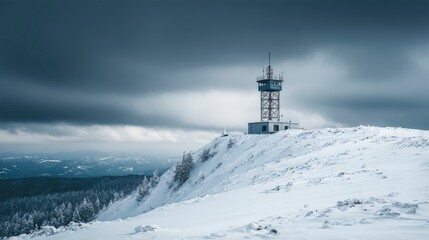 A Snowy Mountain Peak with a Communication Tower Against a Dramatic Sky Highlighting Winter's Striking Beauty and Serene Environment