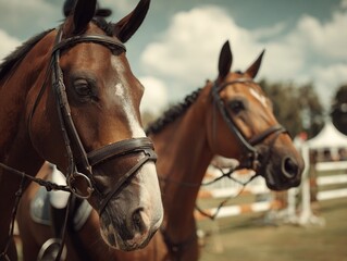 Fototapeta premium Close-Up of Elegant Racehorses with Bridles in Sunlight