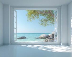White room, ocean view, open windows