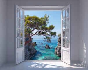 Coastal view through white doors