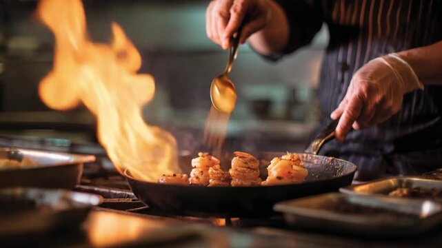 Culinary Artistry: A skilled chef's hands orchestrate a captivating display of flame and flavor, as succulent shrimp sizzle in a pan within a professional kitchen setting.