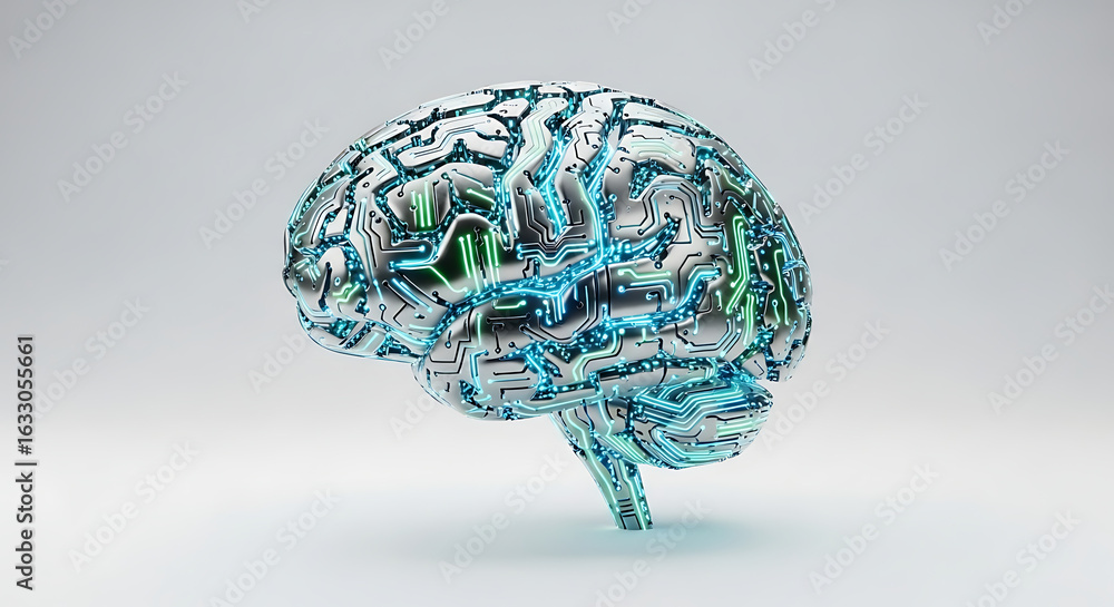 Aufkleber a futuristic brain model with circuit patterns and glowing blue lines on a plain white background