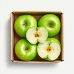 Four green apples in a cardboard box, one halved (2)