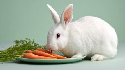 Adorable White Rabbit Enjoying Fresh Carrots on a Light Green Background - A Charming Moment Captured in Natural Light