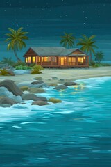 Nighttime beach scene with wooden house