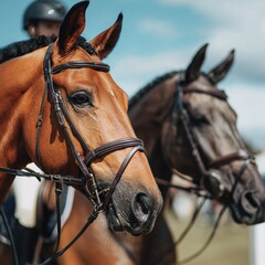 Fototapeta premium Close-Up of Elegant Racehorses with Bridles in Sunlight