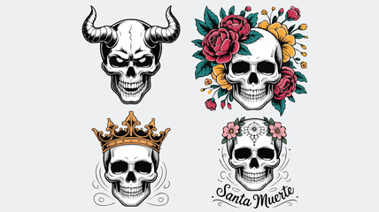 Fototapeta premium Four Skull Illustrations Horned Devil, Floral Crown, Royal Crown, and Santa Muerte Art