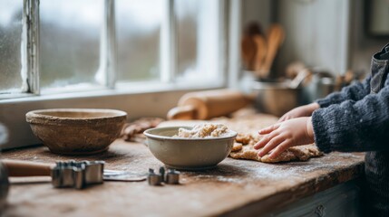 A Cozy Kitchen Scene Featuring Hands of a Child in Apron Working with Dough Surrounded by Baking Utensils and Ingredients in Soft Natural Light