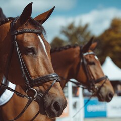 Fototapeta premium Close-Up of Elegant Racehorses with Bridles in Sunlight