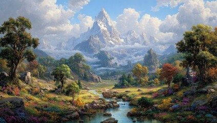 Mountainous valley bathed in sunlight, wildflowers abound