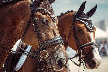 Obraz premium Close-Up of Elegant Racehorses with Bridles in Sunlight