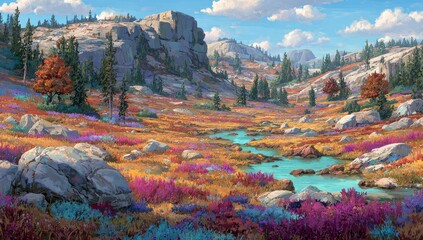 Colorful alpine meadow with a turquoise stream